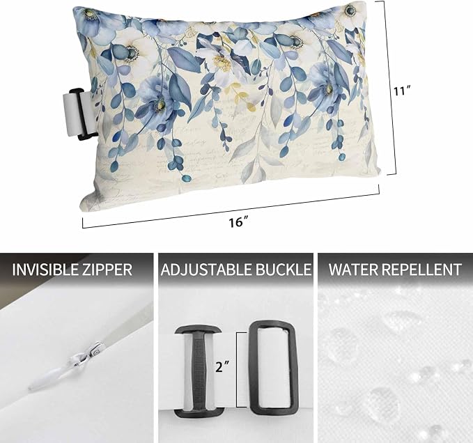 Outdoor Chair Pillow Headrest for Patio Pool Chaise Lounge, Blue Wild Flowers Recliner Head Pillow, Vintage Eucalyptus Leaves Floral Beige Waterproof Pillowcases Neck Lumbar Pillows & Insert 11x16x1