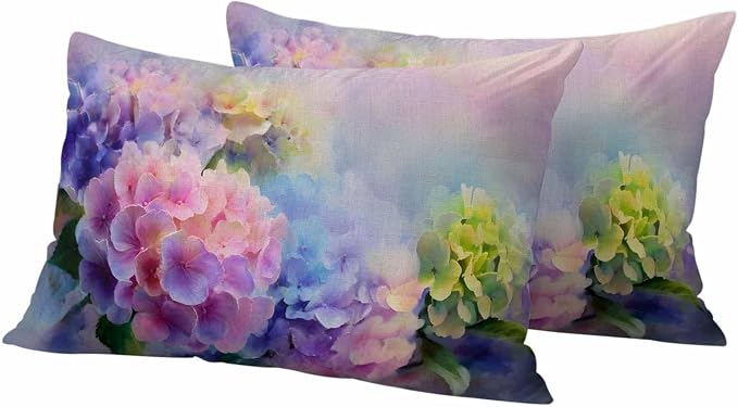 Pink Purple Floral Outdoor Pillow Cover 12x20 Inch Cushion Sham Case, Spring Hydrangea Flower Vintage Botanical Waterproof Decorative Square Throw Pillowcase for Outside Garden Patio Porch Couch Chair