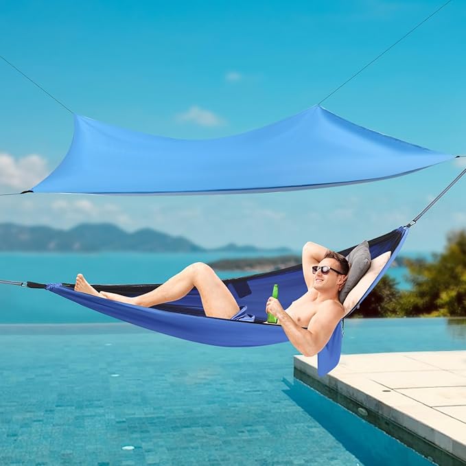 Camping Hammock, Portable Camping Hammock Double Tree Hammock Outdoor Indoor Backpacking Travel & Survival, with 2 Tree Straps and Attached Carry Bag (Blue)