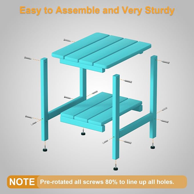 Outdoor Side Table, 17.7-Inch Small Patio Side Table with Adjustable Feet, All-Weather HDPE Adirondack End Table for Porch Deck Balcony Pool, Easy Maintenance, Aruba Blue