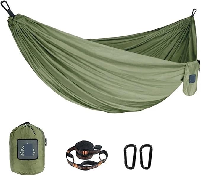 Hammock Portable Nylon Parachute Fabric Single and Double Size Outdoor Camping Hiking Garden Hammock Quick-Opening(Single Army Green)