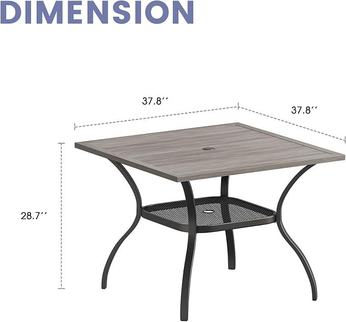 VICLLAX Outdoor Patio Dining Table for 4, Square Patio Table with Umbrella Hole for Patio Lawn Deck Backyard, Antique Grey Tabletop