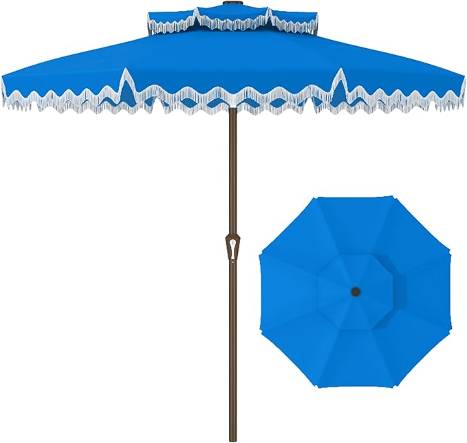 Patiokingdom 9FT Patio Umbrella with Fringe,Tassel Umbrella UPF 50+ & Push-Button Tilt,Rust-Resistant Fiberglass Frame for Pool,Garden,Backyard,Yard (Royal Blue)