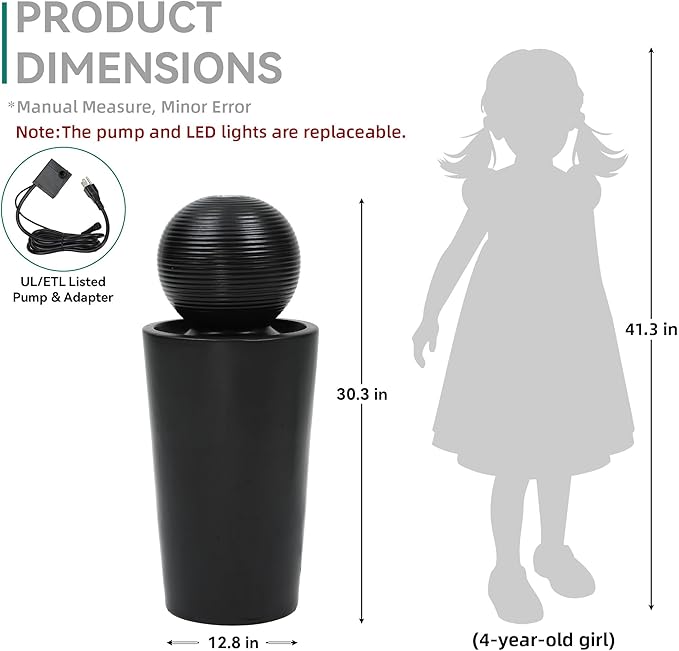 30" H Ceramic Sphere Water Fountain with LED Light, Modern Minimalist Design, Black Glaze with White Pebbles, Soothing Trickling Water Feature, Adding Artistic Charm & Tranquil Ambiance