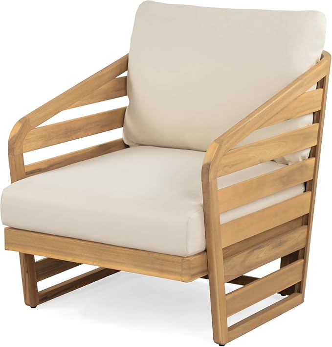 Acacia Wood 4-Pieces Patio Conversation Set, All Weather Sectional Sofa Set w/ 2 Club Chairs, Loveseat and Table, Outdoor Furniture Set with Zipper Cushions, Unique Frame Design