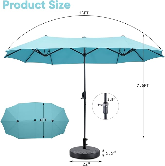 13Ft Large Patio Umbrella with Base Outdoor Double-Sided Market Extra Large Table Umbrella Easy Crank for Yard, Poolside, Deck-Blue