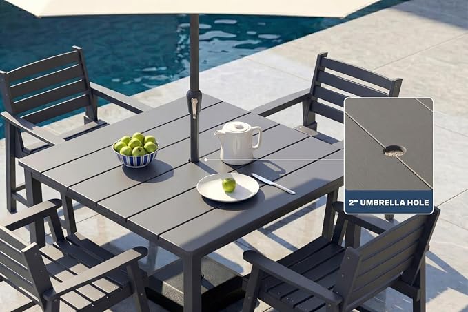 HDPE Outdoor Dining Set for 6, Modular Tables & 6 Armchairs | • Expandable 2-Table Combo • Dual 2" Umbrella Openings • 410 lbs High Weight Limit • All-Weather Polywood