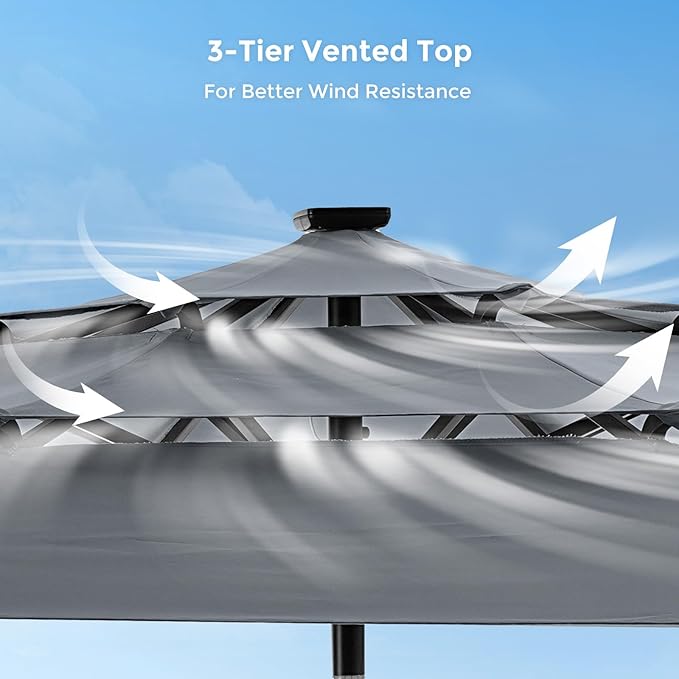 HOMSHADE 9FT 3-Tier Solar Patio Umbrella Heavy Duty,Vented Market Table Umbrella Windproof w/32 LED Lights,UPF50+,5-Year Fade Resistant,8 Thicker Ribs for Pool,Lawn,Garden,Deck (Grey,No Base)