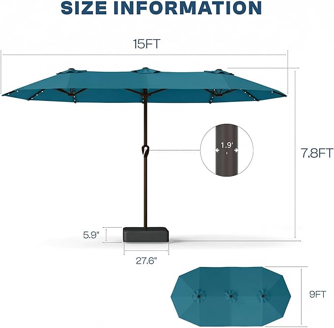 15FT Patio Umbrella with Solar Lights, Double-Sided Extra Large Outdoor Table Umbrella with Base Included, Heavy-Duty 12 Iron Ribs Market Umbrella for Garden, Pool, Backyard, Lake Blue