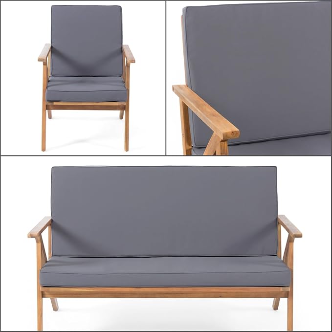 Merax 4 Piece Acacia Wood Patio Conversation Table and Chairs Furniture Sets, Outdoor Dining Couch Sofa for Porch Deck Backyard Lawn Balcony Bistro, Brown Grey