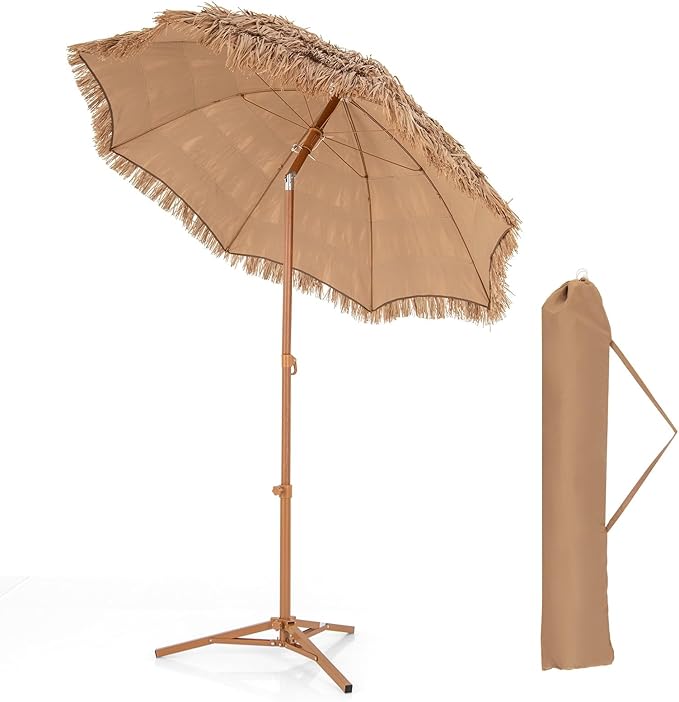 6.5Ft Tiki Umbrella Outdoor Patio, Hawaiian Hula PP Grass Umbrella with Tilt Design, 8 Ribs, Carry Bag & Foldable Base, Thatch Umbrella for Patio, Garden & Pool