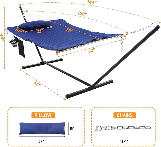 Lazy Daze Hammocks Double Hammock with 12 ft Steel Stand, 2 Person Cotton Rope Hammock with Quilted Pad, Spreader Bars, Detachable Pillow, Mag Bag & Cup Holder, Blue