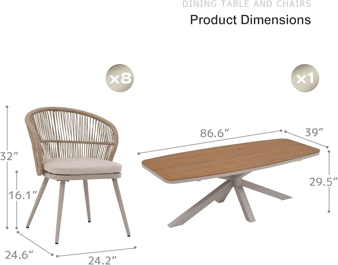SUNSITT 9 Piece Outdoor Patio Dining Set, Patio Dining Furniture Set with 87” Aluminum Dining Table w/X Base Legs and 8 Woven Wicker Outdoor Patio Chairs w/Removable Cushions for Garden, Beige