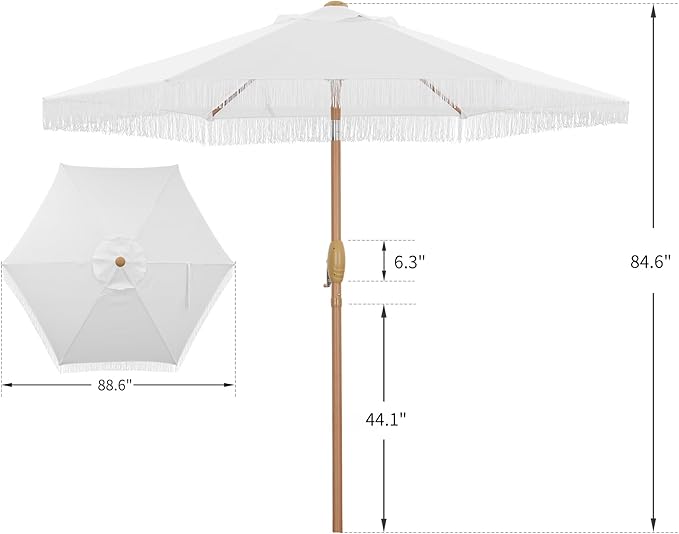 7.5ft Fringe Umbrella,Outdoor Market Umbrella with Push Button Tilt and Crack for Garden, Pool, Deck, Bistro,White