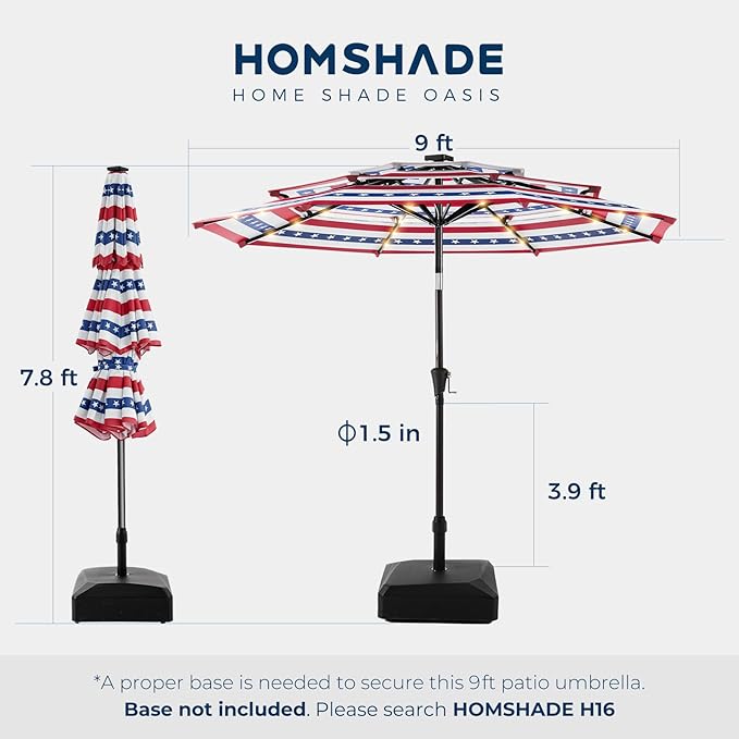 HOMSHADE 9FT 3-Tier Solar Patio Umbrella Heavy Duty, Vented Market Table Umbrella Windproof w/32 LED Lights, UPF50+, 5-Year Fade Resistant, for Pool, Lawn, Garden, Deck (No Base)