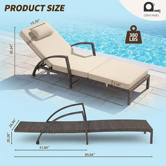 GarveeLife Outdoor Wicker Chaise Lounge Chair with Cushion, Metal Frame Patio Reclining Lounge Bed, All-Weather Rattan Sun Lounger for Poolside, Garden, Backyard & Balcon,Brown Wicker, Beige Cushion