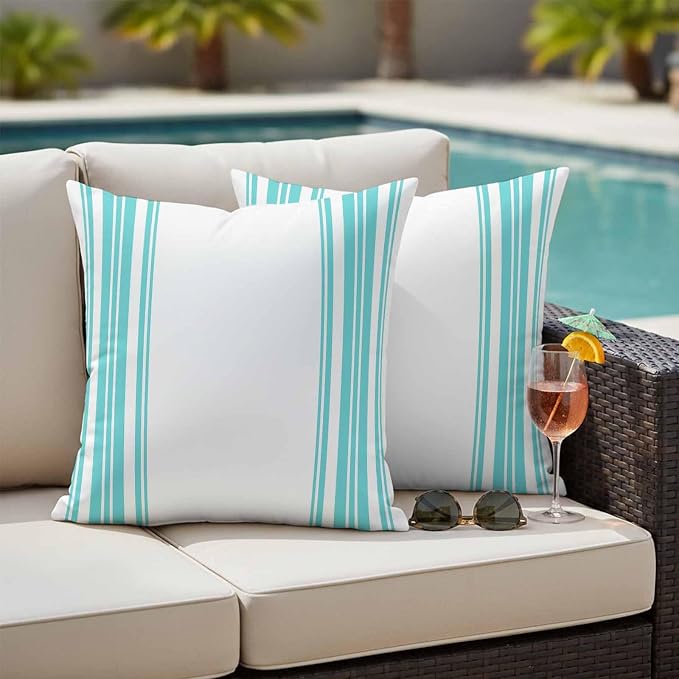 Outdoor Waterproof Throw Pillow Covers Set of 2 Turquoise Stripes Pillowcases 16x16 Inches White Vertical Striped Decorative Pillows Cushion Case Patio Pillows for Couch Bed Chair Garden