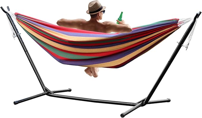 Worparsen Basics Double Hammock with Space Saving Metal Stand,Indoor Hammock Stand with Carrying Bag,Strong Load-Bearing,Striped Print,for Camping Garden Backyard Patio Indoor Outdoor Red