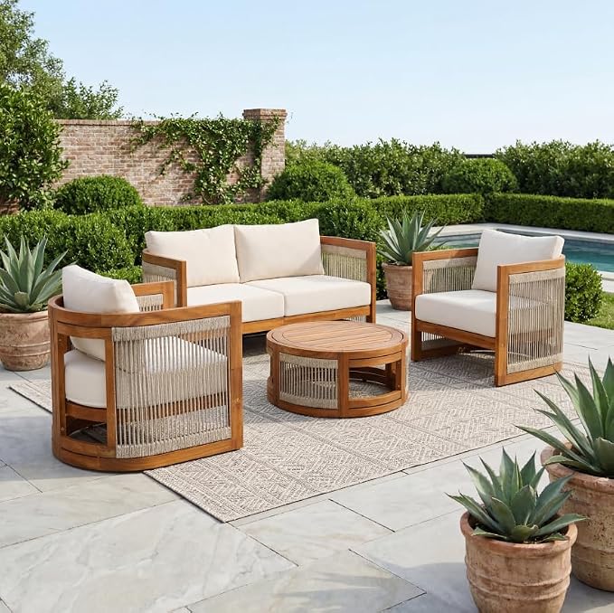 KLMM 4-Piece Patio Seating Group with 2 Chairs, Loveseat & Table,Acacia Wood Outdoor Furniture Set, Curved Tub Design with Woven Rope Accents,for Patio Balcony Garden (Teak+Beige-PP)