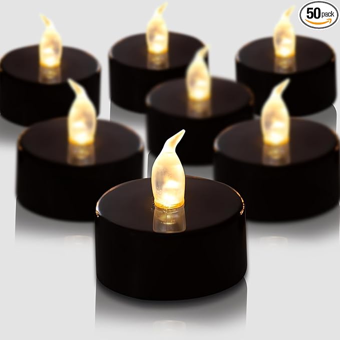 Tea Lights Battery Operated Candles LED Tea Lights Flameless Candles 200+ Hours Flickering Fake Tealights for Halloween, Christmas Aniversary Home Table Decor(Black, 50 Pack)