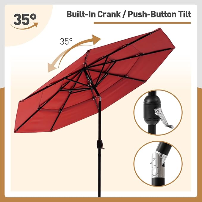 COSIEST 10FT 3 Tiers Patio Umbrella with Solar Lights, LED Outdoor Umbrellas with 8 Sturdy Ribs, Market Patio Table Umbrella with Push Button Tilt, Pool Umbrellas for Garden, Pool, Backyard