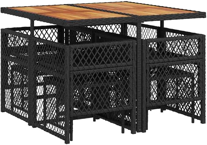9 Piece PE Rattan Garden Dining Set with Acacia Wood Table, Black Collapsible Outdoor Furniture for Patio Balcony, Weather Resistant Stackable Chairs Stools with Cushions