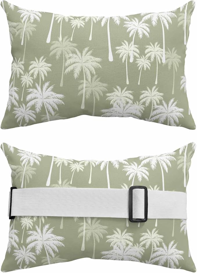 Tropical Palm Tree Outdoor Pillows for Chaise Lounge Chair Waterproof Lumbar Pillows with Insert&Adjustable Elastic Strap Beach Headrest Pillow Sage Green Plants Coastal Leaf Beach Pool Pillow 11"x16"