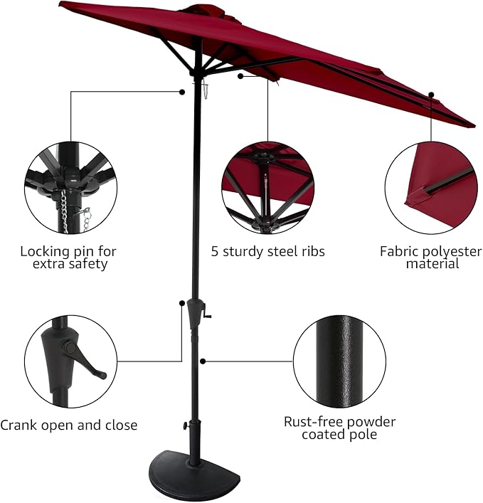 COBANA 7.5’by 4’Half Rectangular Outdoor Patio Umbrella for Patio, Balcony, Garden, Deck, Dark Red