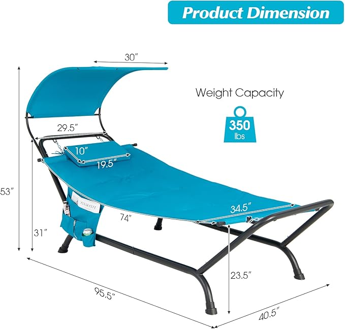 Giantex Hanging Hammock with Stand, Patio Hanging Chaise Lounge Chair w/Canopy, Cushion, Pillow & Storage Bag, Heavy Duty Swing Hammock Bed for Garden Lawn Backyard Patio Poolside Porch (Blue)