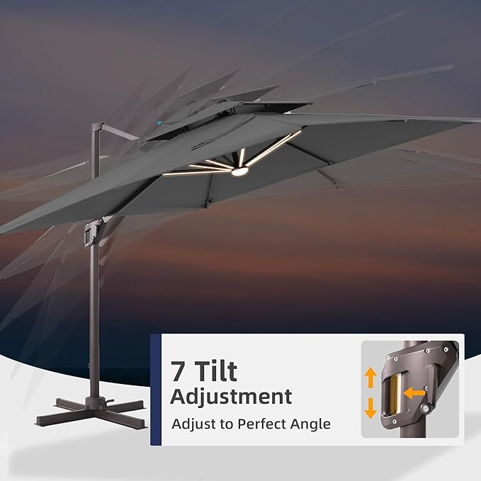 9x12 FT Patio Umbrella with LED Lights Cantilever Outdoor Large Heavy Duty Rectangle Aluminum Offset Umbrellas Double Top 360 Rotation 7 Tilt Adjustment for Pool Deck Garden, Grey