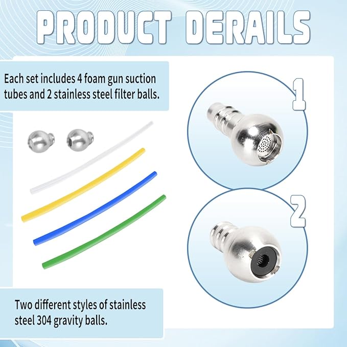 4 Pcs Cuttable Foam Suction Tube Foam Cannon Straw and 2 Pcs Stainless Steel Filter Balls for Most Foam Guns, High Pressure Car Wash Machines,Adaptation Tools