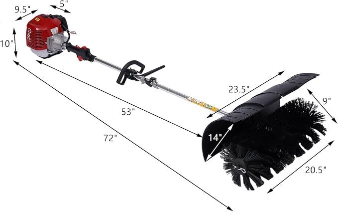 2.3HP Handheld Sweeper 52CC 2 Stroke Gasoline Power Sweeper Outdoor Sweeping Broom Walk Behind Sweeper Cleaner with a Blower Artificial Turf Lawns Driveway Cleaning Tool