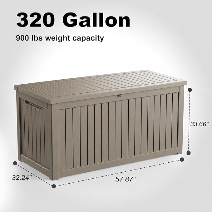 320 Gallon Large Outdoor Storage Box Waterproof, UV Resistant Resin Deck Box with Hydraulic Rod & Lockable Latch for Patio Furniture, Outside Storage Box for Garden Tools, Patio Cushions, Gray