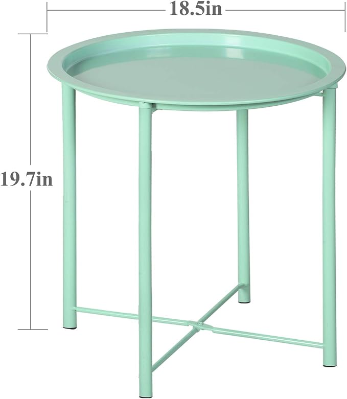 VECELO Side/End Table, Folding Round Metal Anti-Rust and Waterproof Outdoor or Indoor Tray for Living Room Bedroom Balcony and Office, 2 PCS, Light Green