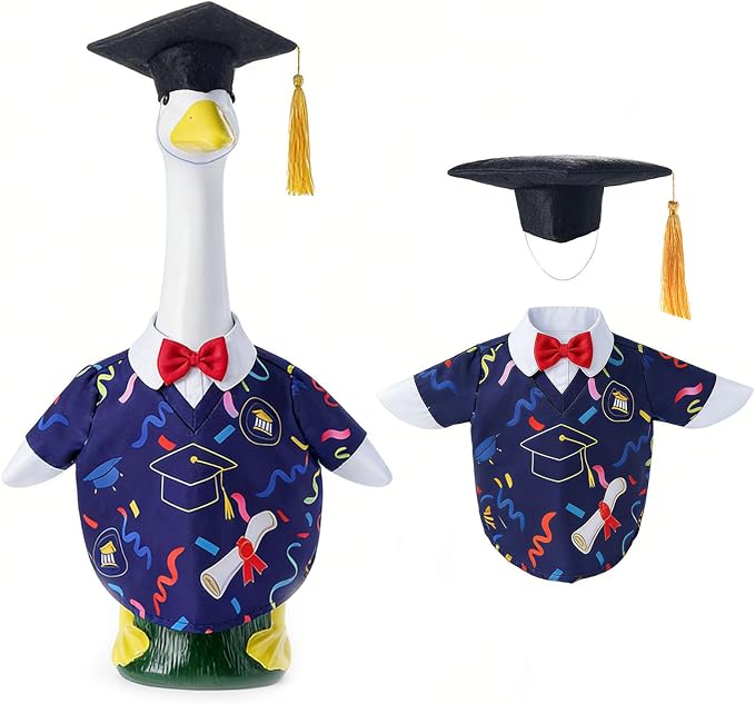 Graduation Porch Goose Outfits - 2Pcs Grad Cap & Gown Goose Outfits for 23 Inch Goose Statues, Includes Cap and Gown with Red Bowtie, Grad Porch Goose Decor for Lawn Garden Yard Party