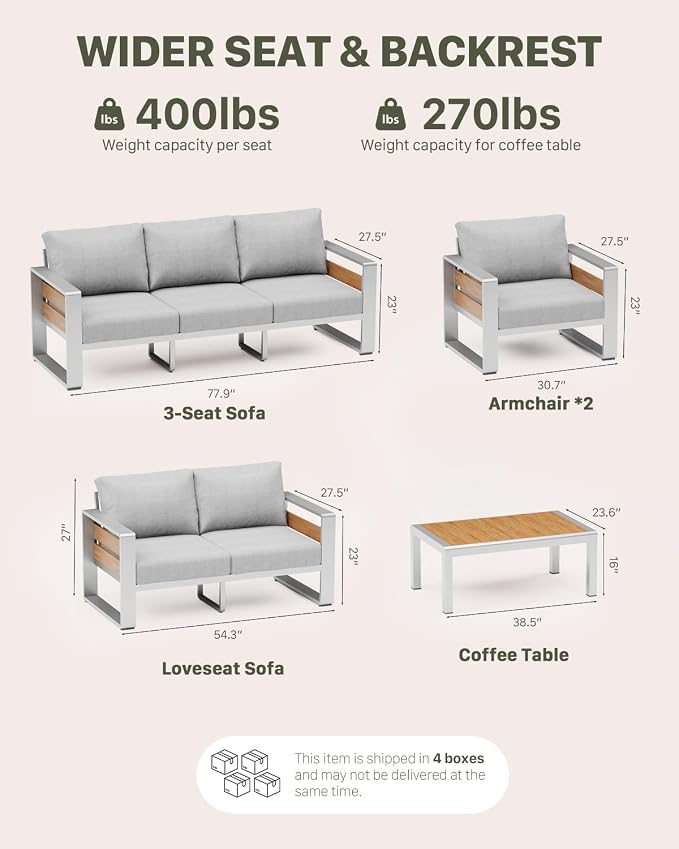 ZANDOR Aluminum Outdoor Patio Furniture Set with Coffee Table, 4 Seats Patio Conversation Sets with Washable Thick Cushions, Outdoor Sectional for Porch, Backyard, Deck, Garden & Poolside, Silver