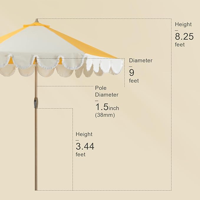 Tempera 9ft Scalloped Patio Umbrellas with Fringe, Market Umbrellas with Water-Resistant and Fade Resistant Canopy, 1.5" Wood Pole & Button Tilt.