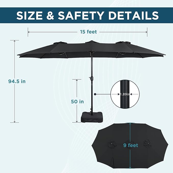 15FT Extra Large Patio Umbrella with Base Included, Heavy Duty Rectangle Outdoor Market Umbrella with 12 Strong Ribs for Patio, Garden, Lawn, Deck & Pool