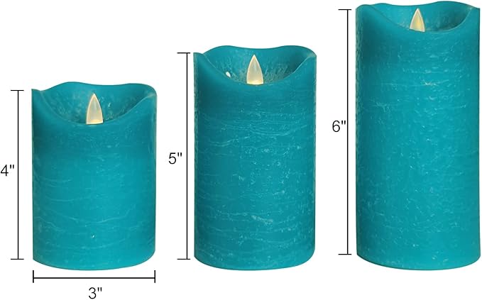 CANDLE CHOICE Real Wax Battery Operated Flameless Candles with Remote Automatic Daily Cycle Timer Realistic Flickering Electric LED Pillars Wedding Party Holiday Decorations 3 Pack Rustic Texture Teal