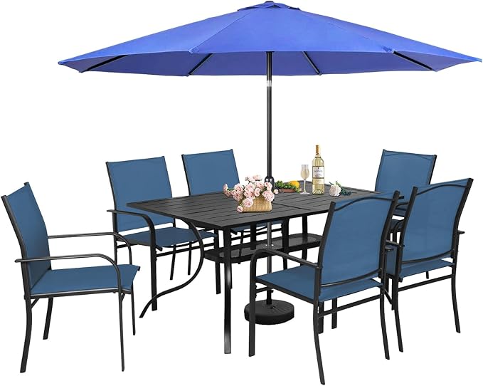 Incbruce 8-Piece Patio Furniture Set with Dark Blue Umbrella, Patio Table and Chairs Set of 6 Textilene Chairs and Rectangle Table with Umbrella Hole for Garden, Deck and Backyard (Blue)