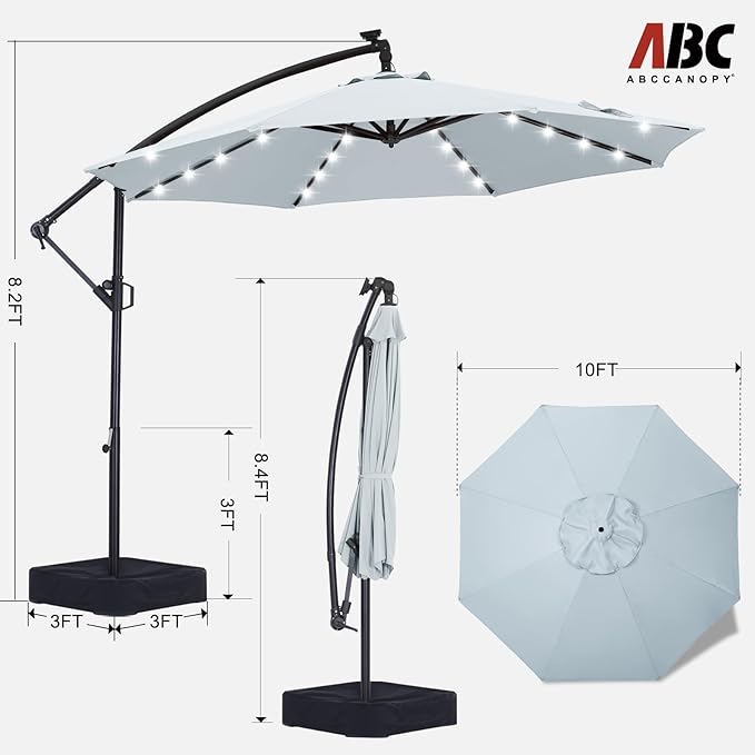 ABCCANOPY 10 FT LED Patio Umbrellas Cantilever Umbrella with base, 360° Rotation Outdoor Lighted Offset Umbrella Bonus Fixed Frame & Weights Bag for Backyard, Deck, Poolside (Gray)