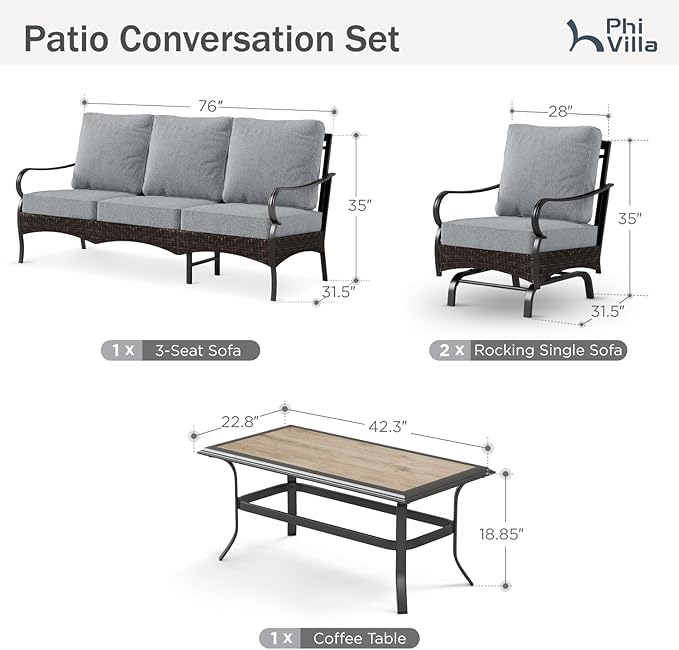 PHI VILLA Outdoor Modern Patio Furniture Set, Upgraded Wicker & Metal Patio Furniture Conversation Set with Waterproof Thick Cushions for Porch, Poolside, Yard (4 Pieces,Grey)