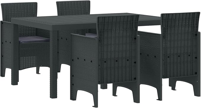 5 Piece Garden Dining Set Anthracite Poly Rattan Patio Furniture Set Modern Rectangle Table with 4 Chairs Cushioned for Backyard Balcony Outdoor Dining Set