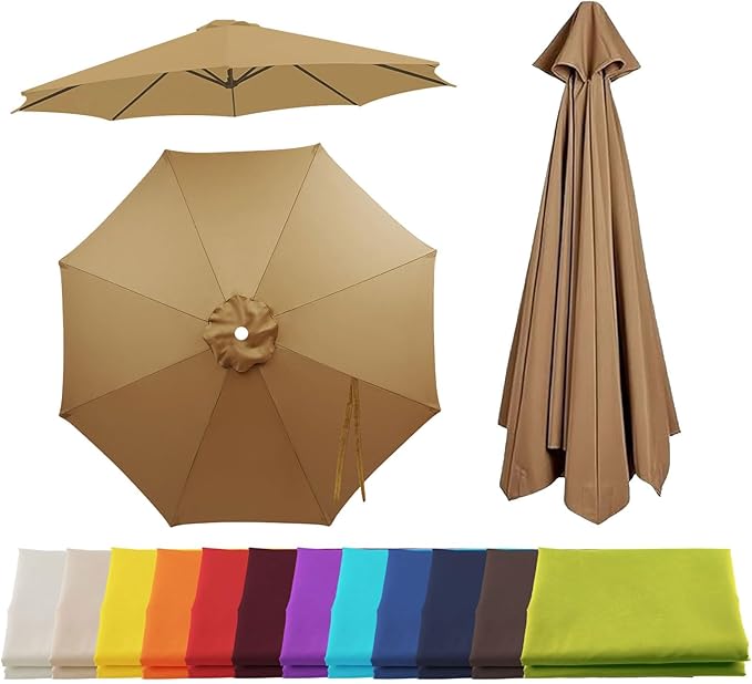 Patio Umbrella Replacement Canopy for 6/8 Ribs, Outdoor Table Market Yard Umbrella Replacement Top Cover, Waterproof Umbrella Canopy Fabric Replacement Canvas(Khaki,9.2FT 8-Ribs)