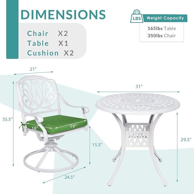 MEETWARM 3-Piece Outdoor Patio Dining Set, All-Weather Cast Aluminum Patio Conversation Set for Backyard Garden Deck with 2 Cushions Swivel Rocker Chairs and 31" Round Table, 2.2" Umbrella Hole, White
