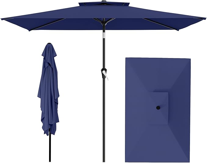 AreShark 6.5'x10' 2 Tiers Rectangular Patio Umbrella - Outdoor Umbrella Waterproof UV Protection, Market Table Umbrella w/Push Button Tilt for Pool, Lawn, Balcony(Navy)
