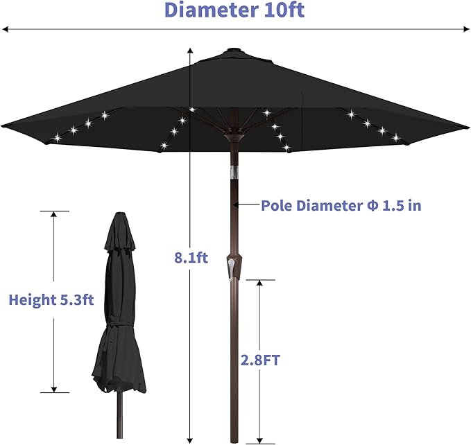 Kingdura 10FT Outdoor Patio Umbrella with Solar Lights, Market Table Umbrella with Push Button Tilt & Crank, 8 Sturdy Ribs, 32 LED Lights, UV Protection for Garden Lawn Deck Backyard Pool (Black)