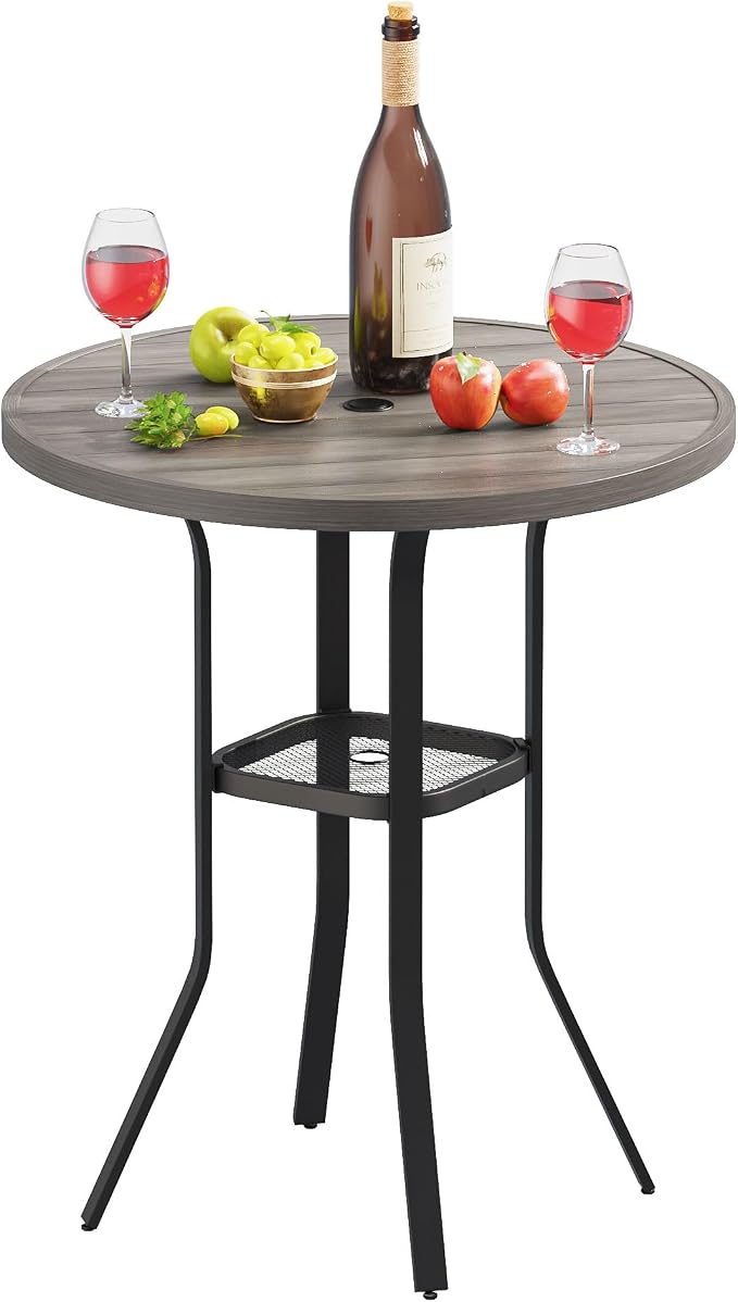 VICLLAX Outdoor Bar Table, 35.4" Wide Round Patio Bar-Height Table Weather Resistant Metal Slatted Tabletop with Umbrella Hole for Front Porch Deck, Backyard, Light Grey