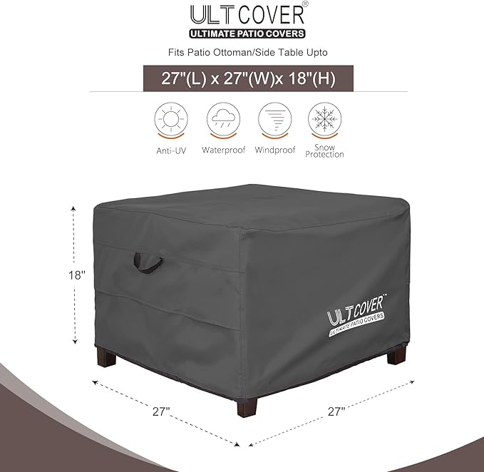 ULTCOVER Waterproof Patio Ottoman Cover Square Outdoor Side Table Furniture Covers Size 27L x 27W x 18H inch, Black