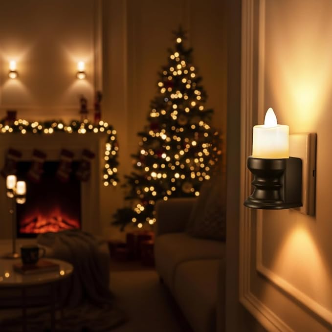 Meonum Flickering Flameless Candle Night Light Plug in, Dimmable LED Nightlight with Dusk to Dawn Sensor, Decorative Candle Light for Bedroom, Hallway, Bathroom(1 Pcs,Warm Yellow & Black Base)